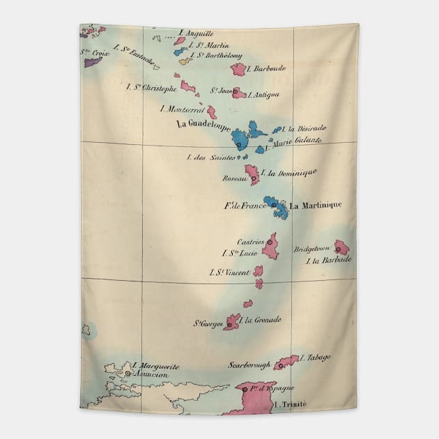 Old Lesser Antilles Map (1844) Vintage Caribbean & West Indies Islands Atlas Tapestry by Bravuramedia