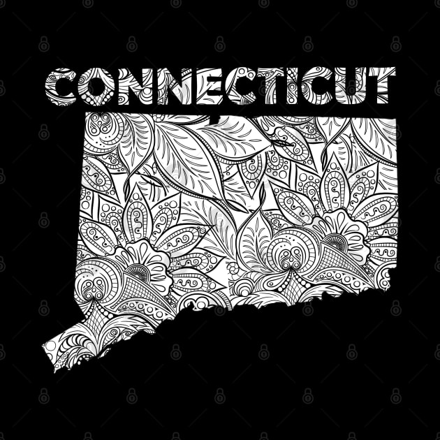 Mandala art map of Connecticut with text in white by Happy Citizen