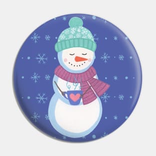 Snowman with coffee and snowflake background Pin