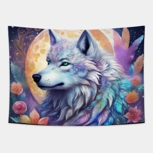 Mystical Wolf with Flowers, Full Moon, Colorful, Beautiful Tapestry