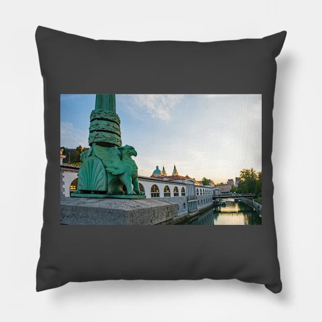 Dragon Bridge in Ljubljana, Slovenia Pillow by jojobob