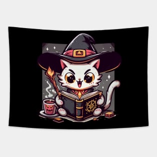 Kawaii witchy cat read evil spellbook Tapestry