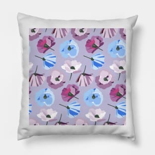 Poppies gray, blue, pink, purple Pillow