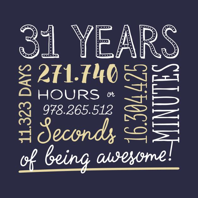 31st Birthday Gifts - 31 Years of being Awesome in Hours & Seconds by BetterManufaktur