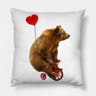 Grizzly Bear Riding a Red Tricycle with Heart Balloon Pillow