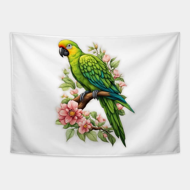 Green Parrot on a tree branch flowers Tapestry by JnS Merch Store