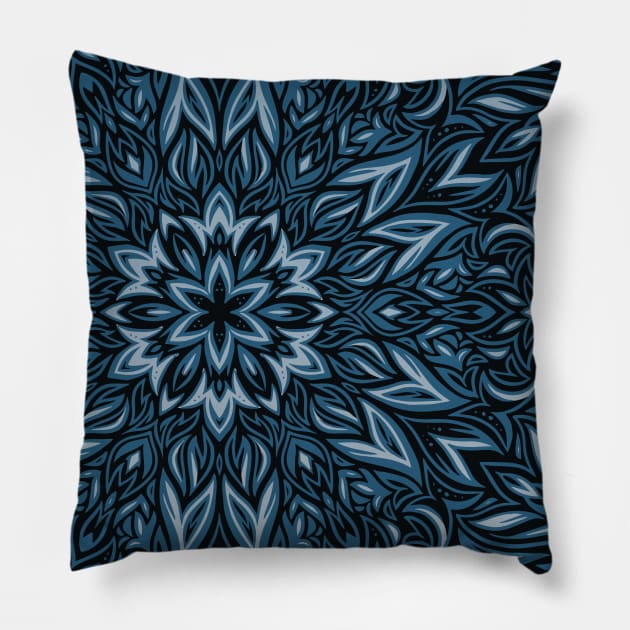 Leafy Blue Nature Mandala Pillow by polliadesign