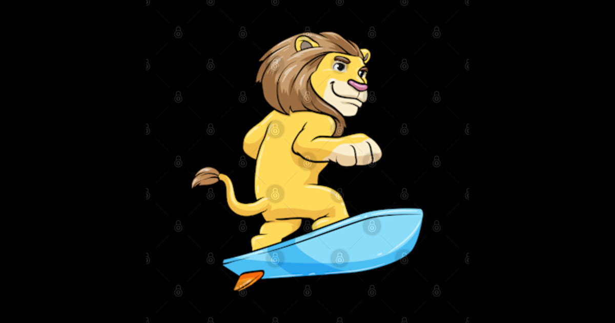 Lion as Surfer with Surfboard Lion Sticker TeePublic