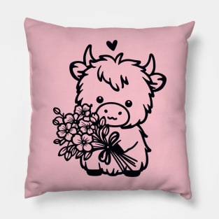 Highland Cow Holding Flowers Pillow