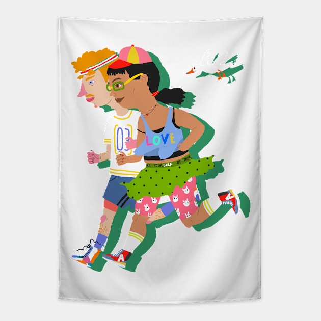 Running couple with bird Tapestry by ezrawsmith