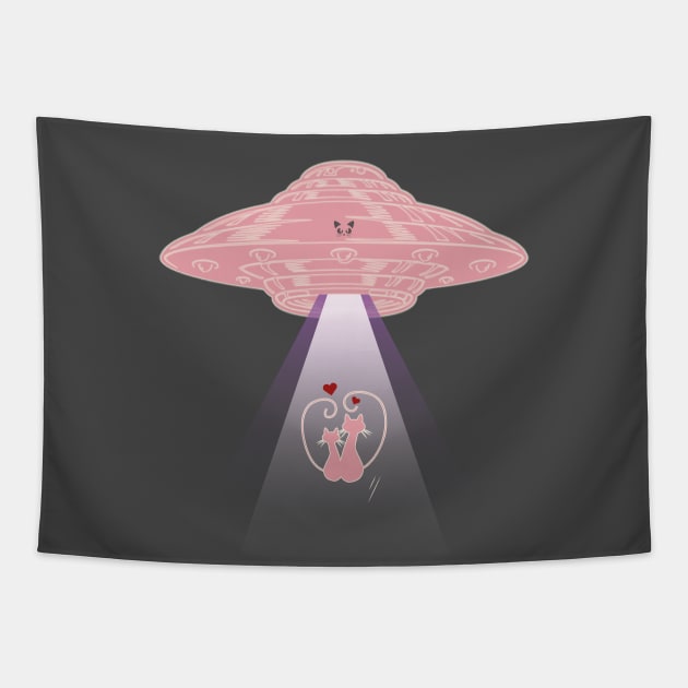 Cats In Love Alien UFO Abduction Tapestry by TeeTees