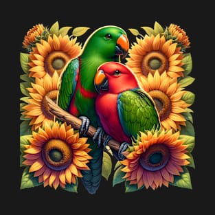 Eclectus Parrots Couple Male and Female with Sunflowers T-Shirt