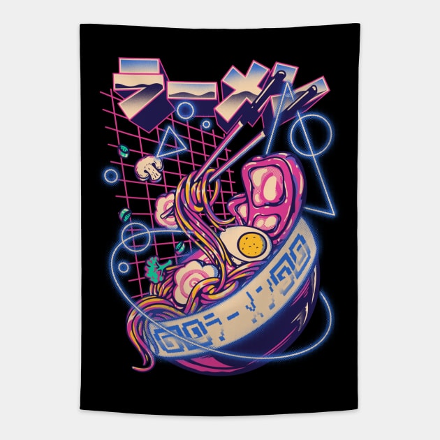 Retro Ramen - Retrowave Ramen With Geometric Neon elements, Cute Ramen Bowl - Kawaii ラーメン Cyberpunk Vaporwave synth 80s 90s digital gaming style Tapestry by anycolordesigns