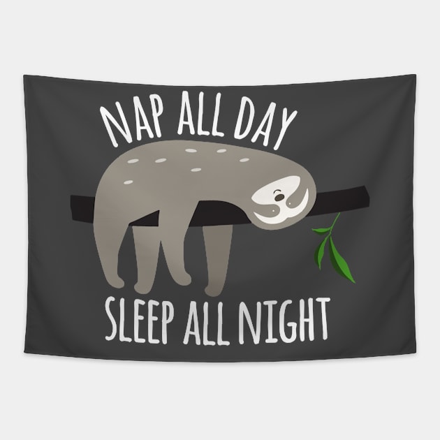 Funny Sloth Graphic, Nap All Day, Sleep All Night Tapestry by blueavocado