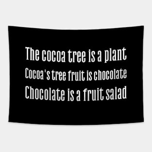 Cocoa tree is a plant. Cocoa's fruit is chocolate. Chocolate is a fruit salad Tapestry