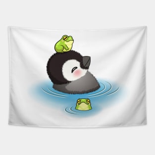 Happy emperor penguin chick with frog Tapestry