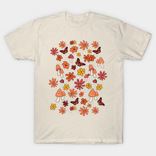 Yellow and Orange Flowers Butterflies and Mushrooms Cottagecore Aesthetic - Cottagecore - T-Shirt