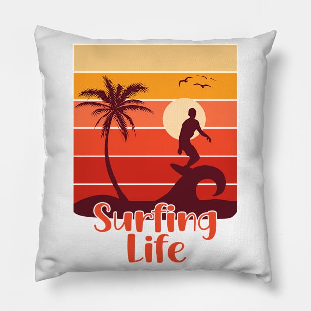 Surfing Life - Surfer Silhouette - Retro Vintage Sunset Pillow by PorcupineTees