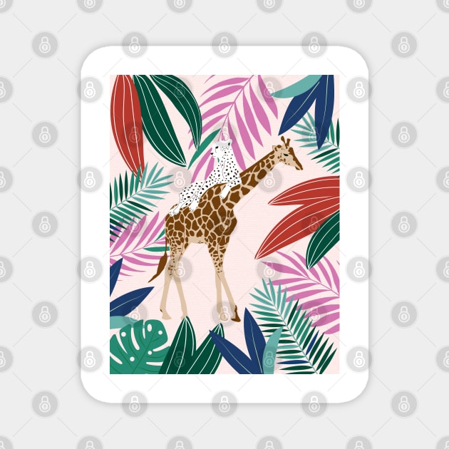 Giraffe and leopard in the jungle Magnet by grafart