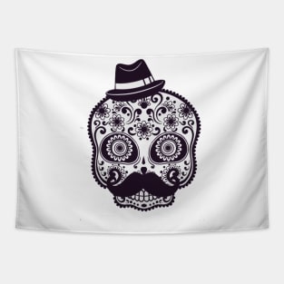 The Artistic of Skull with Moustache n Black Hat Illustration Tapestry