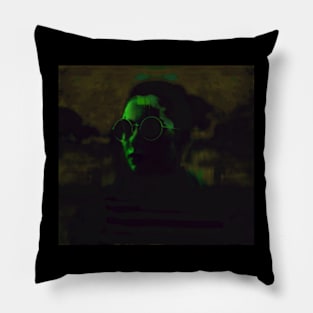 Beautiful girl with round glasses. Dark, like in night dream. Green. Pillow