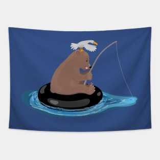 Cute bear cub fishing cartoon illustration Tapestry