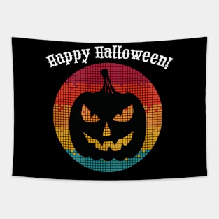 Happy Halloween Pixelated Pumpkin Grinning Jack o Lantern Tapestry