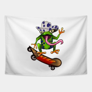 Frog Kawaii Froggy Skateboarding Cute Frog in blue Texas cowboy hat Funny toad toads amphibian tadpole Green Red eyed tree frogs rain forest Lizard dragon zoology gift frog Tapestry