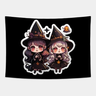 Two Cute Witches Halloween Hats Goth Tapestry