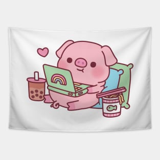 Cute Pig Chilling With Laptop Boba Tea And Instant Noodles Tapestry