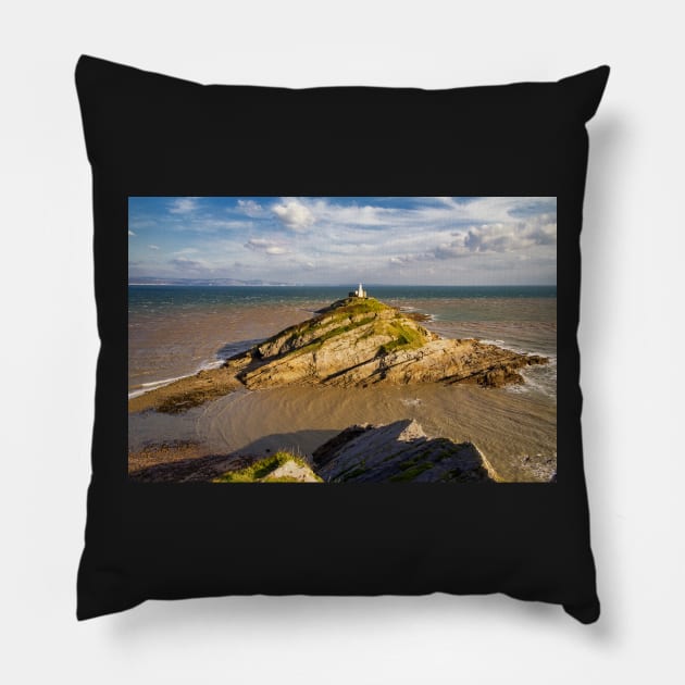 Mumbles Lighthouse, Wales Pillow by dasantillo