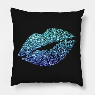 Teal Dark Blue Ombre Faux Glitter Lips Pillow