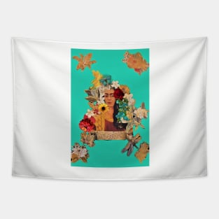 Deep Aqua Frida Collage Tapestry