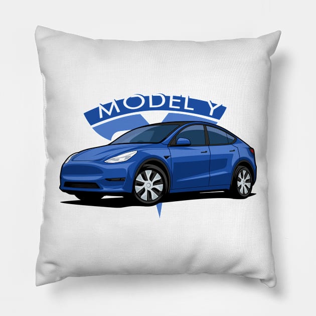 Model Y electric car blue Pillow by creative.z