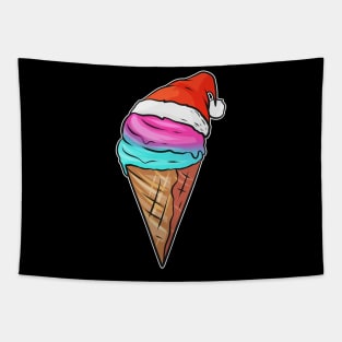 Ice Cream Cone With Ice Cream And Santas Hat For Christmas. Tapestry