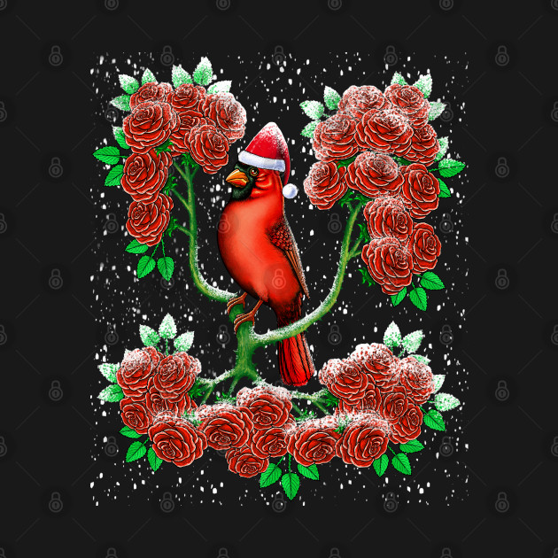 Red Cardinal bird in rose flowers  snow winter Christmas by Artardishop