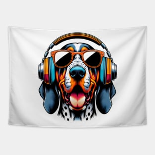 Grinning Bluetick Coonhound as Smiling DJ with Headphones Tapestry