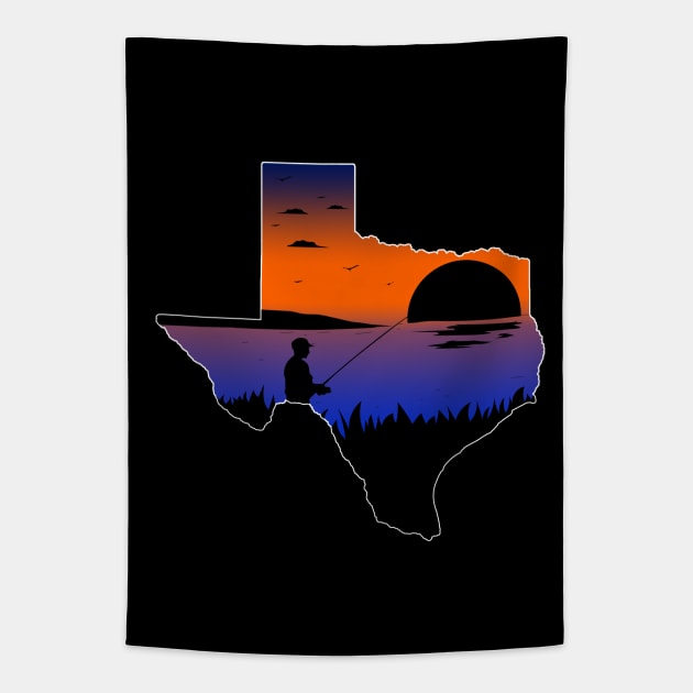 Texas Fishing Fisherman on the Lake at Sunset Silhouette Tapestry by Sports Stars ⭐⭐⭐⭐⭐