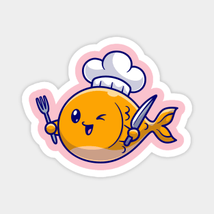 Cute Fish Chef With Fork And Knife Cartoon Magnet
