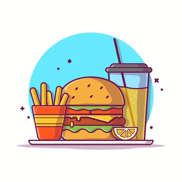 Burger with Orange Juice, Lemon, Mustard, and French Fries Cartoon Vector Icon Illustration by Catalyst Labs