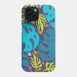 Jungle leaves and flowers abstract repeat pattern on purple Phone Case