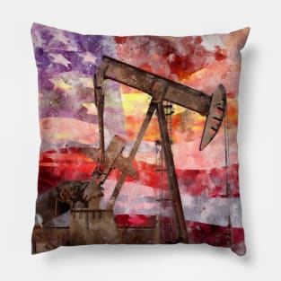 Pumpjack with American Flag silhouette watercolor Pillow