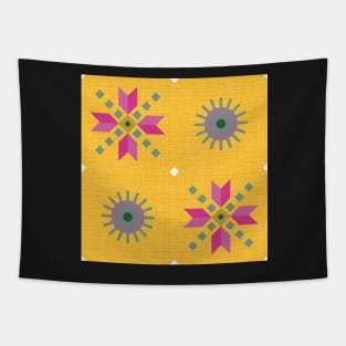 Geometric retro stars in pink on golden yellow, seamless pattern Tapestry