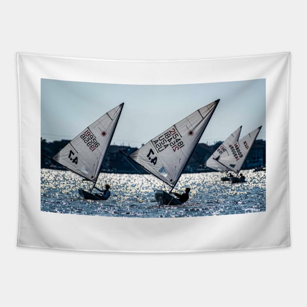 Lasers Sailing in Silhouette Tapestry by fparisi753