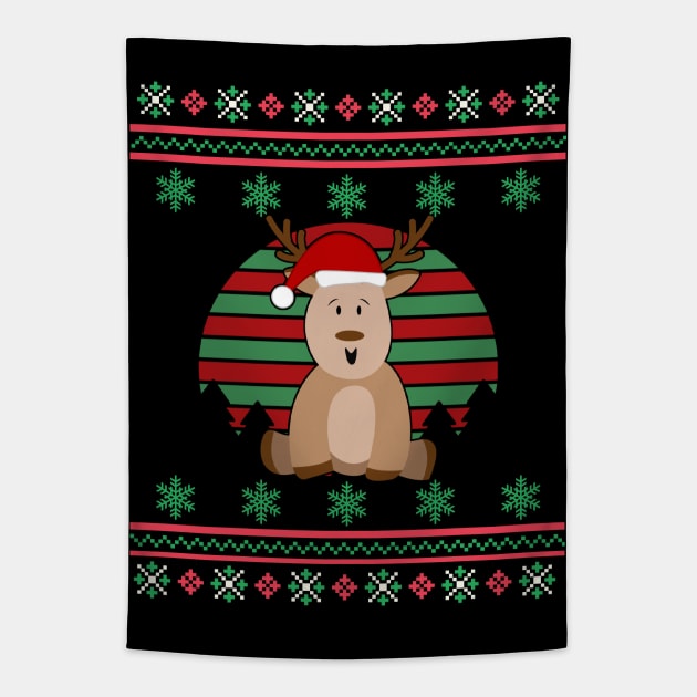 Reindeer Santa Hat Faux Ugly Christmas Sweater Funny Holiday Design Tapestry by Up 4 Tee