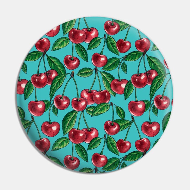 Red cherries on turquoise Pin by katerinamk