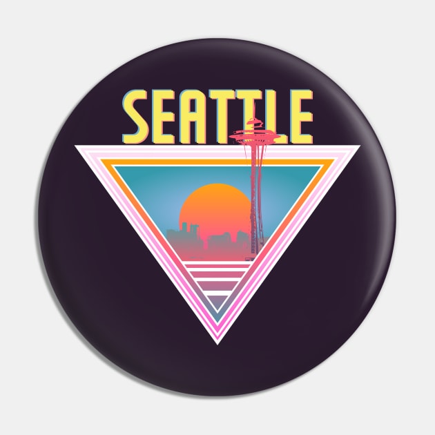 Seattle City Skyline Silhouette Sunrise Retro 80's / 90's Vaporwave Aesthetics - Bright Vintage Design For Sunny Summer Days Pin by KritwanBlue