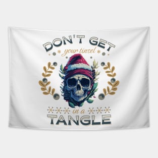 Funny Christmas Skeleton Wearing Santa Hat, Tinsel in a Tangle Tapestry