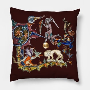 WEIRD BESTIARY,MEDIEVAL KNIGHT FIGHTING SNAIL,DRAGON AND LION IN RED BROWN Pillow