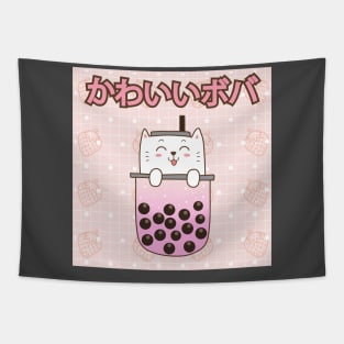 Cute Bear Bubble Milk Tea Kawaii Boba Aesthetic Pastel Pink Tapestry